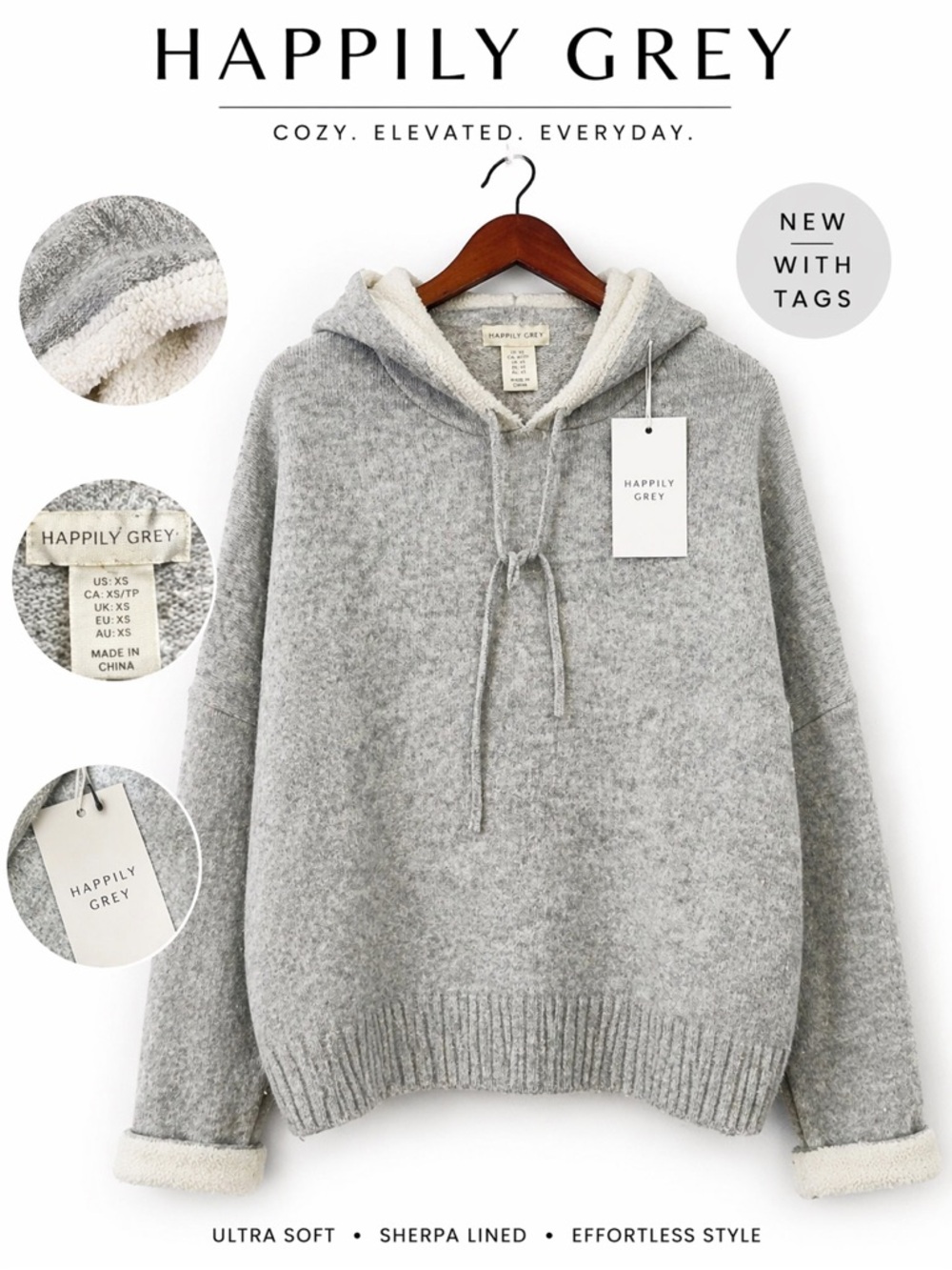 Happily Grey Women's Gray Sherpa-Lined Cowl Hoodie Sweater NWT